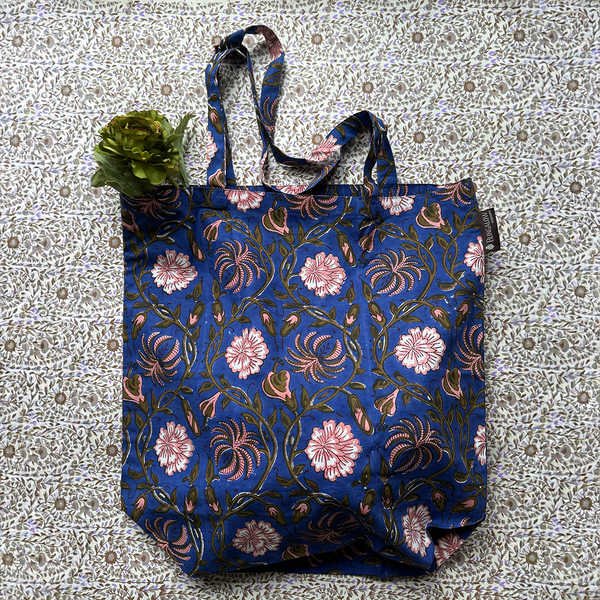Hand Block Printed 'Leela Indigo' Tote Bag by Bungalow of Denmark
