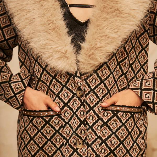 Black 'Amanki' Jacquard Coat With Fur Collar by NKN Nekane