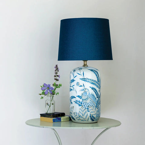 Table Lamp - Blue Birds In Foliage With Dark Blue Shade