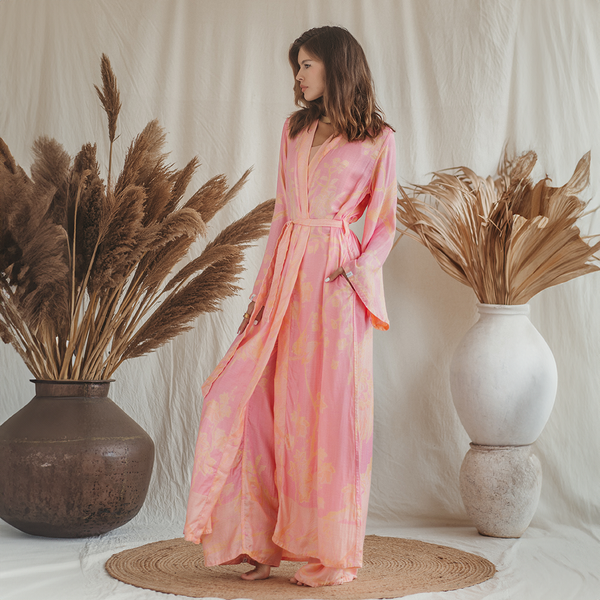 Pink Gabriella' Maxi Kaftan Dressing Gown by Brahmaki of India Curated Living Pink Gabriella' Maxi Kaftan Dressing Gown by Brahmaki of India Curated Living