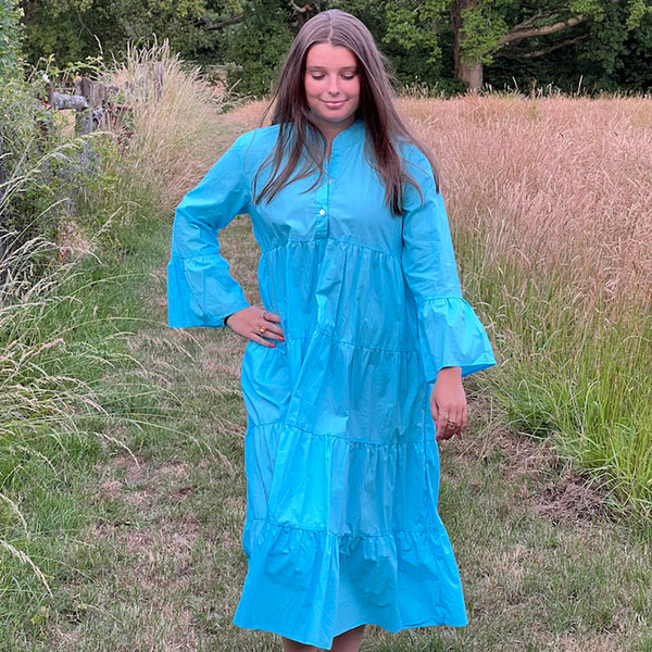 Designer Friday Light Blue Print Cotton Maxi Dress With Bell Sleeves Curated Living