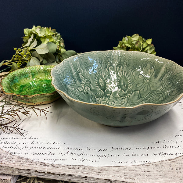 Crackle Glaze Fluted Salad Bowl. Antique Green. By Sthal. Curated Living