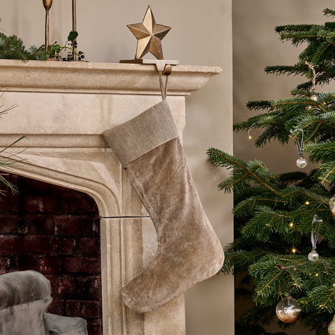 Cotton Velvet Christmas Stocking. Light Grey.