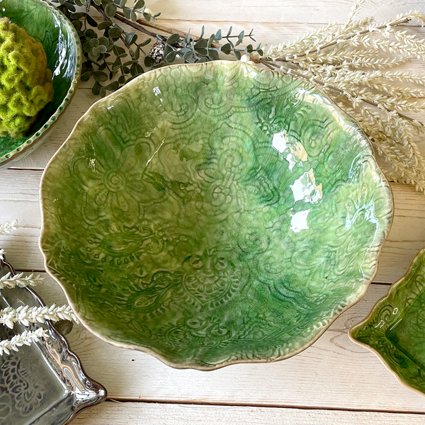 Crackle Glaze Fluted Salad Bowl. Seaweed Green. By Sthal. Curated Living