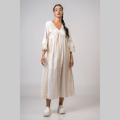 Dress 'Off White - Gold Embellishment' Cotton with Bell Sleeves by Aether of Greece