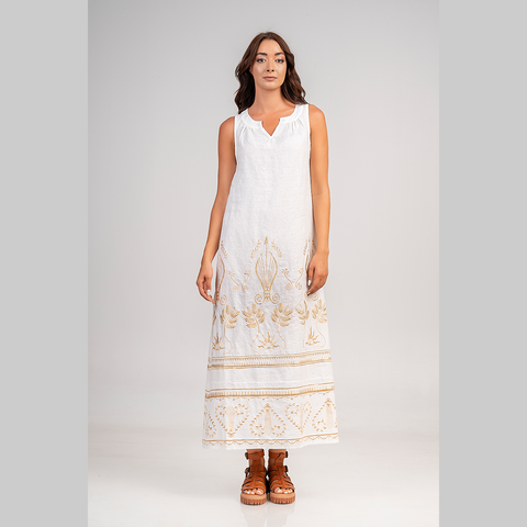Dress 'Off White - Gold Embellishment' Linen without Sleeves by Aether of Greece