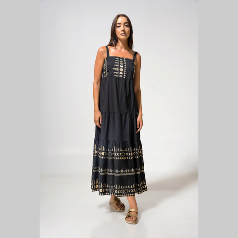 Dress 'Black - Lunar Eclipse - Gold Embellishment' Cotton with Straps by Aether of Greece