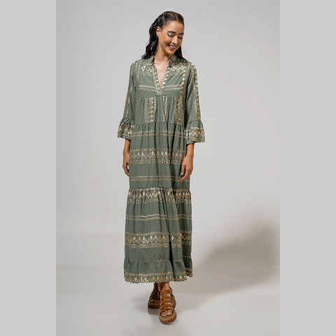 Dress 'Khaki - Gold Embellishment' Cotton with Bell Sleeves by Aether of Greece