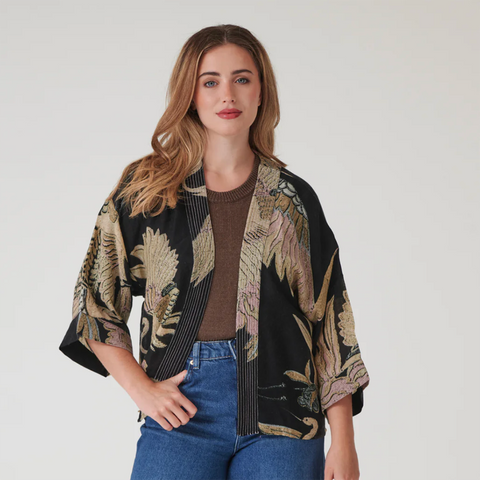 Short 'Crane Black Crepe' Kimono Jacket by One Hundred Stars