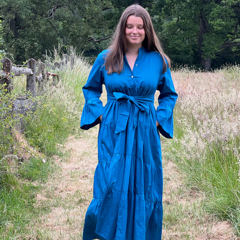 Designer Friday Azure Cotton Maxi Dress With bell Sleeves