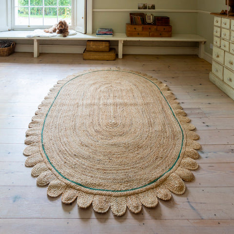 Hand-made Oval Jute Rug Trimmed with a Green Scalloped Edge
