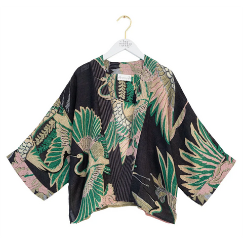 Short 'Crane Emerald Wool' Kimono Jacket by One Hundred Stars