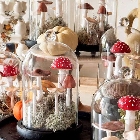 Handcrafted Fungi & Mossy Magic Inside Glass Cloches.