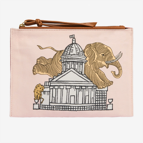 Embroidered Pouch 'Elephant - Pastel Pink' with Leather Zip Pull by Inoui Editions