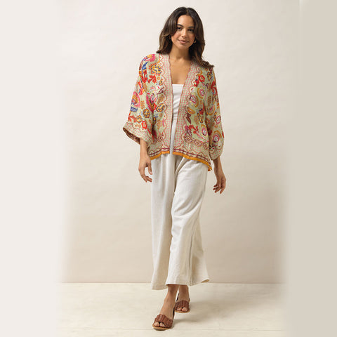 'Indian Flower Taupe Short Kimono' by One Hundred Stars.