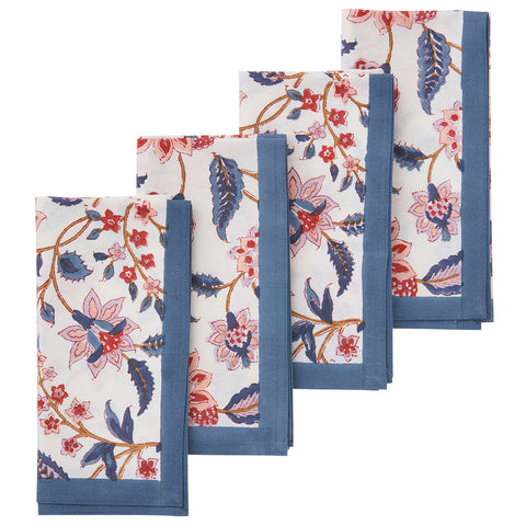 Napkins 'Divya Royal Blue' Hand Block Printed Cotton Set of Four by Bungalow of Denmark