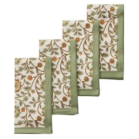 Napkins 'Roja Olive' Hand Block Printed Cotton Set of Four by Bungalow of Denmark