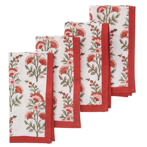 Napkins 'Calla Ruby' Hand Block Printed Cotton Set of Four by Bungalow of Denmark