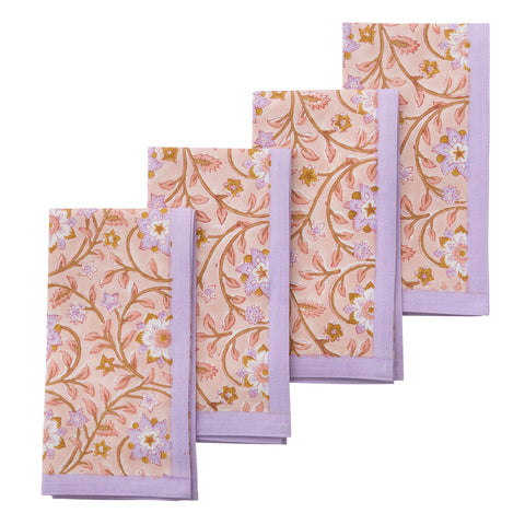 Napkins 'Roja Coral' Hand Block Printed Cotton Set of Four by Bungalow of Denmark