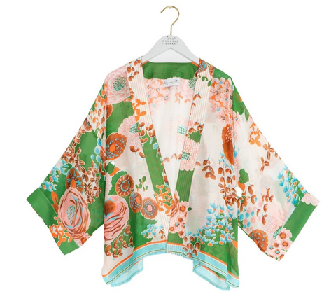 Short 'Kitsch Bouquet Green' Kimono Jacket by One Hundred Stars