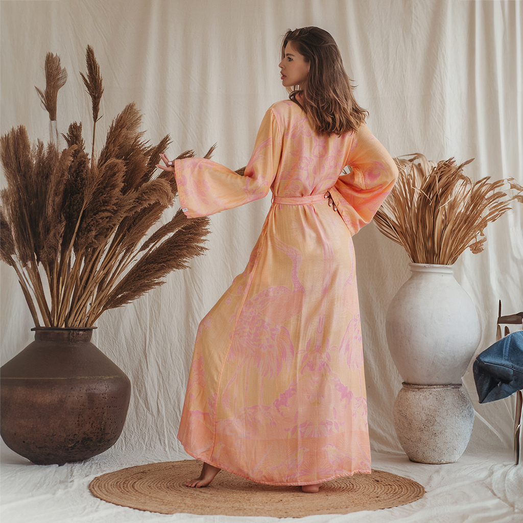 Pink Gabriella Maxi Kaftan Dressing Gown by Brahmaki of India Curated Living