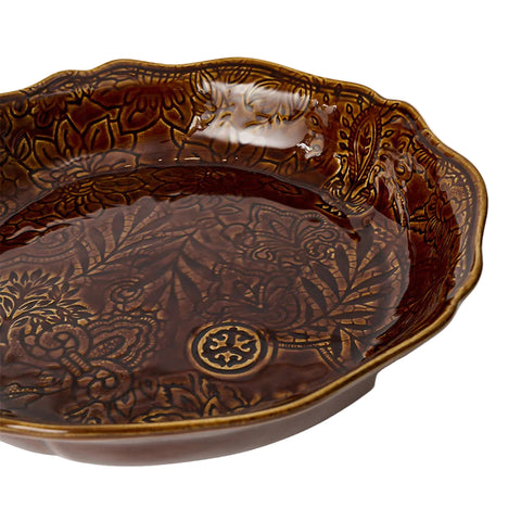 Arabesque 'Pie Dish' Fluted crackle glazed in 'Coffee' by Sthal of Sweden