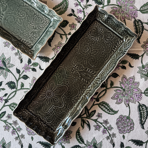 Arabesque Rectangular 'Tray Dish' Plate crackle glazed in 'Shadow' by Sthal of Sweden
