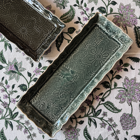 Arabesque Rectangular 'Tray Dish' Plate crackle glazed in 'Dusk' by Sthal of Sweden