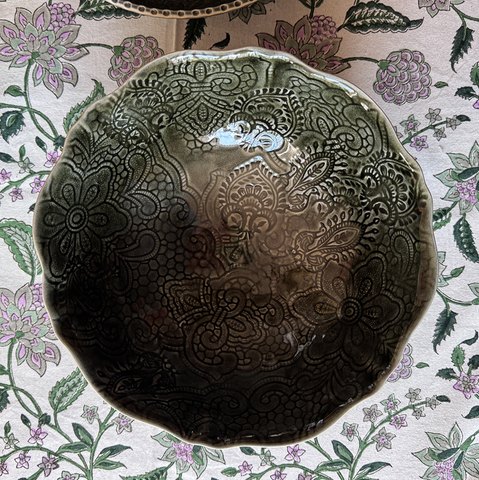 Arabesque Fluted Salad 'Bowl' crackle glazed in 'Shadow' by Sthal of Sweden
