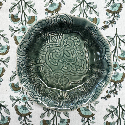 Arabesque 'Small Bowl' Fluted Flat Base Full Pattern crackle glazed in 'Dusk' by Sthal of Sweden