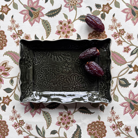 Arabesque Rectangular 'Appetiser Plate' crackle glazed in 'Shadow' by Sthal of Sweden