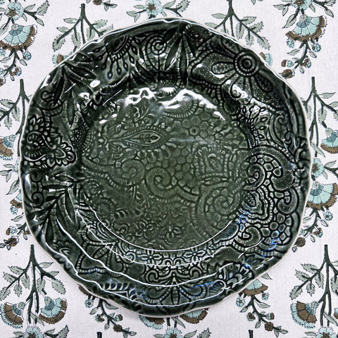 Arabesque 'Assiette' Starter Side Plate Full Pattern crackle glazed in 'Shadow' by Sthal of Sweden