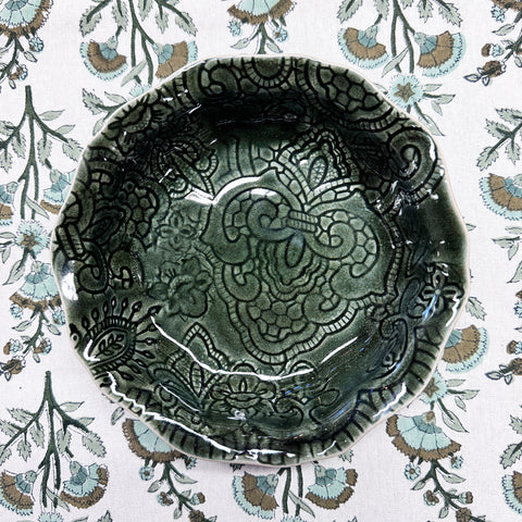 Arabesque 'Small Bowl' Fluted Flat Base Full Pattern crackle glazed in 'Shadow' by Sthal of Sweden