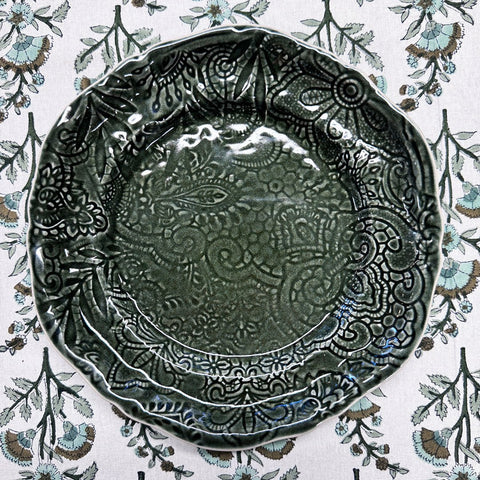 Arabesque 'Assiette' Starter Side Plate Full Pattern crackle glazed in 'Shadow' by Sthal of Sweden - Curated Living