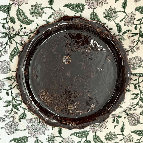 Arabesque 'Round Serving Pizza Plate' crackle glazed in 'Coffee' by Sthal of Sweden - Curated Living