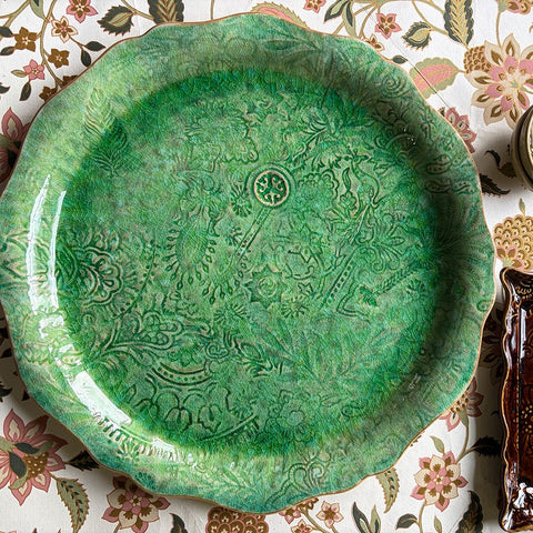 Arabesque 'Round Serving Pizza Plate' crackle glazed in 'Seaweed' by Sthal of Sweden - Curated Living