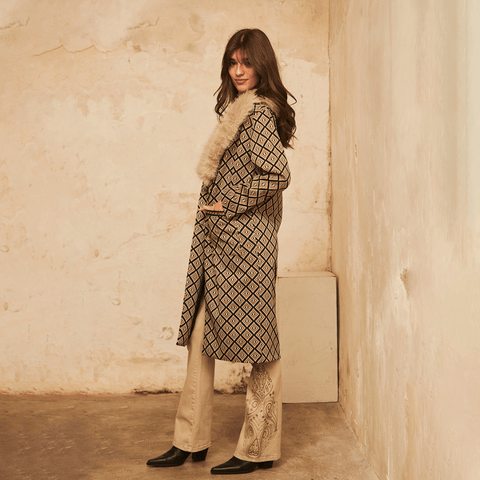Black 'Amanki' Jacquard Coat With Fur Collar by NKN Nekane - Curated Living