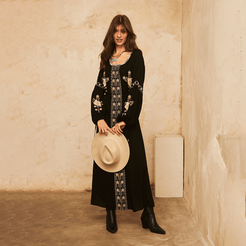 Black 'Hasu' Long Embroidered Dress by NKN Nekane - Curated Living