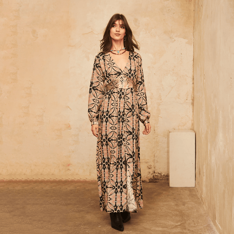 Black 'Maharani' Long Geometric Print Dress by NKN Nekane - Curated Living
