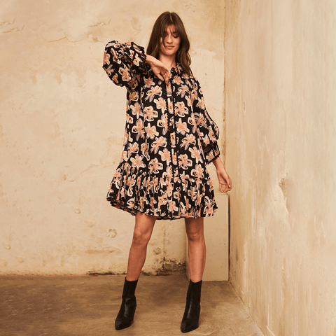 Black 'Rani' Floral Shirt Dress by NKN Nekane - Curated Living