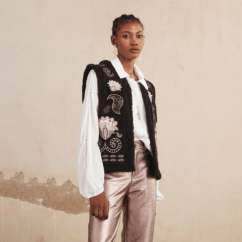 Black 'Sitara' Paisley Embroidered Vest by NKN Nekane - Curated Living
