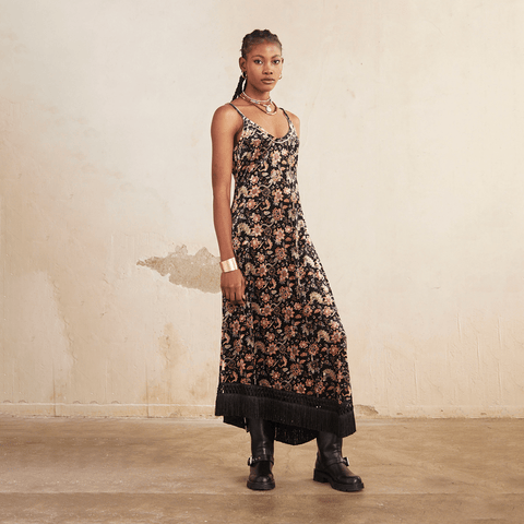 Black 'Usha' Long Floral Print Velvet Dress by NKN Nekane - Curated Living