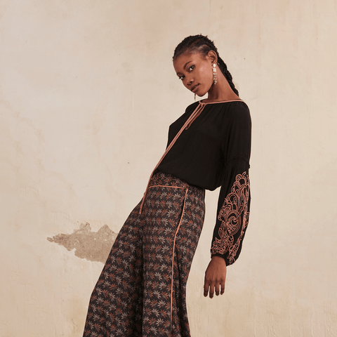 Black 'Yojana' Oversized Floral Embroidered Blouse by NKN Nekane - Curated Living