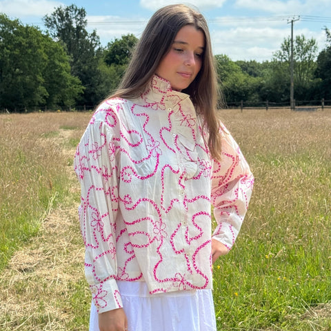 Blouse 'Claudia' Pink Embroidery by Autre Aura - Curated Living