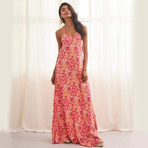 Bright Orange & Hot Pink Full Length Halterneck Sun Dress 'Chiyo' by NKN Nekane - Curated Living