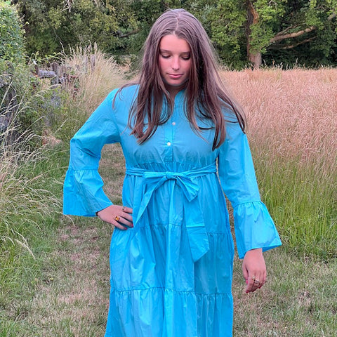 Cotton Maxi Dress 'Light Blue' With Bell Sleeves by Designer Friday - Curated Living