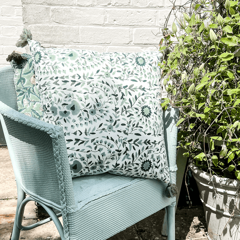 Cushion 'Kollam Jade' Hand Block Printed Cotton with Tassels by Bungalow of Denmark - Curated Living