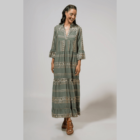 Dress 'Khaki - Gold Embellishment' Cotton with Bell Sleeves by Aether of Greece - Curated Living