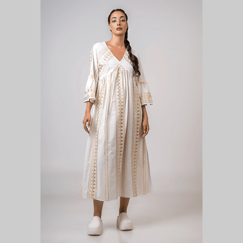 Dress 'Off White - Gold Embellishment' Cotton with Bell Sleeves by Aether of Greece - Curated Living