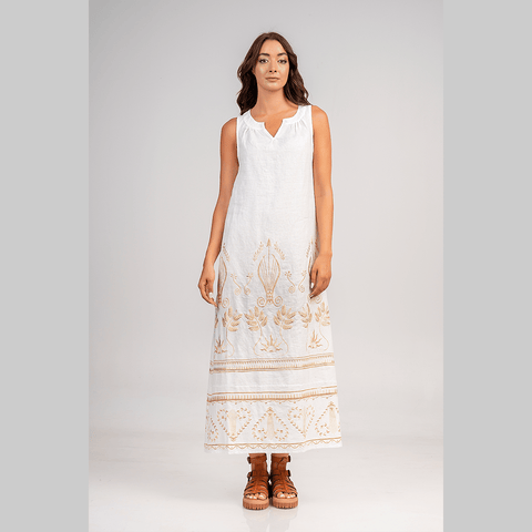 Dress 'Off White - Gold Embellishment' Linen without Sleeves by Aether of Greece - Curated Living